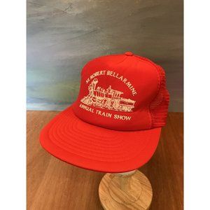 Vintage Trucker Hat Puff Print Train Show Red White Cap St Robert Bellarmine